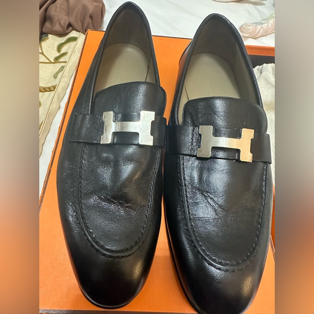 Original Hermes Black Leather Loafers with Silver Accent